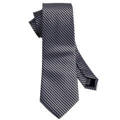 Mens Black Grey Tie Silk Plaid Formal Necktie Pocket Square Cufflinks Set