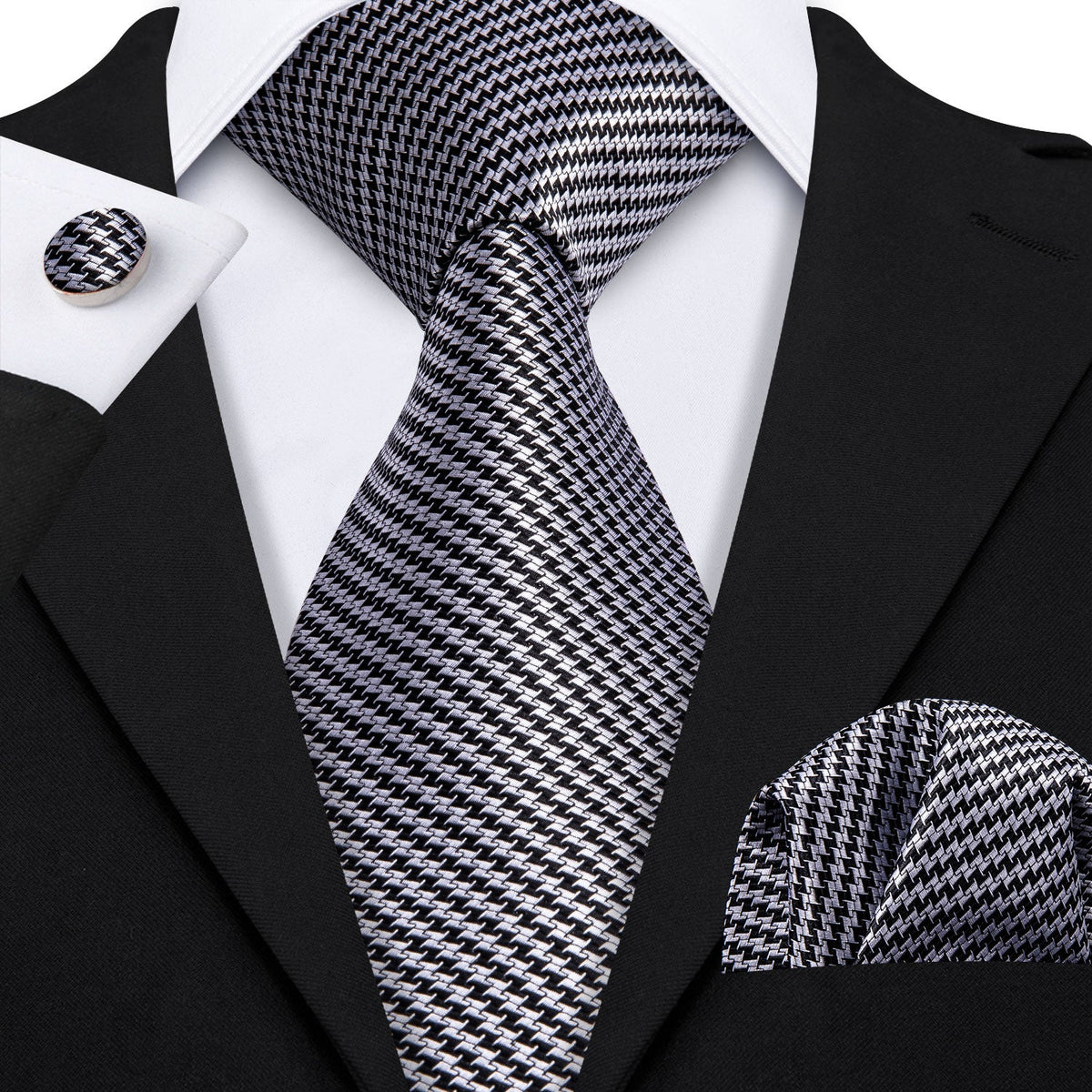 Mens Black Grey Tie Silk Plaid Formal Necktie Pocket Square Cufflinks Set