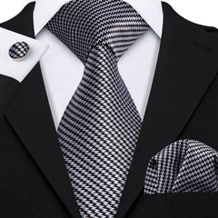 Mens Black Grey Tie Silk Plaid Formal Necktie Pocket Square Cufflinks Set