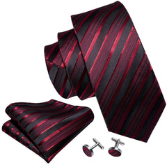Red Tie Classic Stripe Silk Tie Pocket Square Cufflinks Set