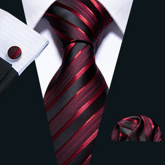 Red Tie Classic Stripe Silk Tie Pocket Square Cufflinks Set