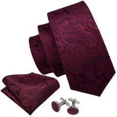 Burgundy Tie Set for Men Paisley Silk Necktie Pocket Square Cufflinks Set