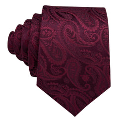 Burgundy Tie Set for Men Paisley Silk Necktie Pocket Square Cufflinks Set