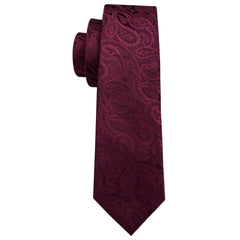 Burgundy Tie Set for Men Paisley Silk Necktie Pocket Square Cufflinks Set