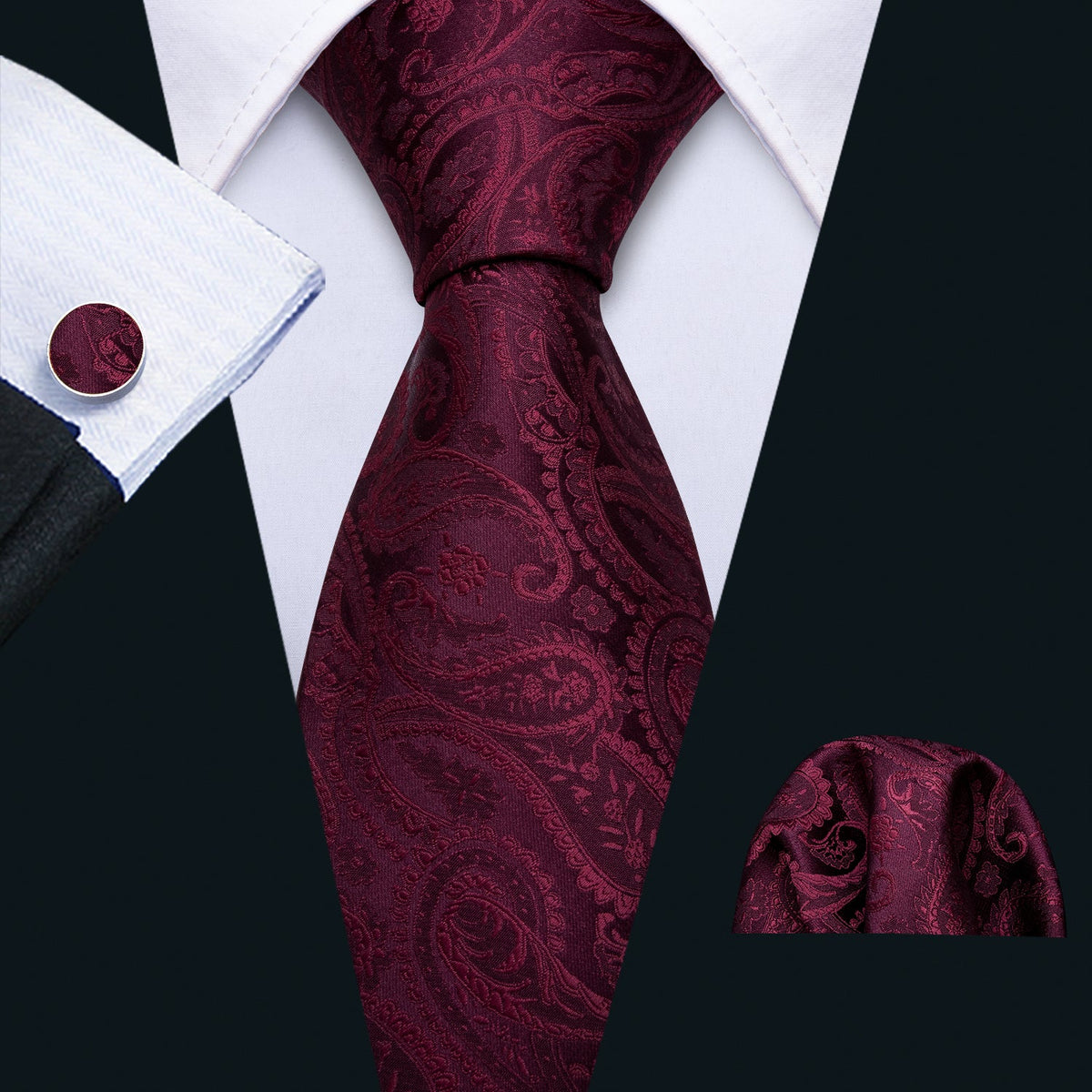 Burgundy Tie Set for Men Paisley Silk Necktie Pocket Square Cufflinks Set