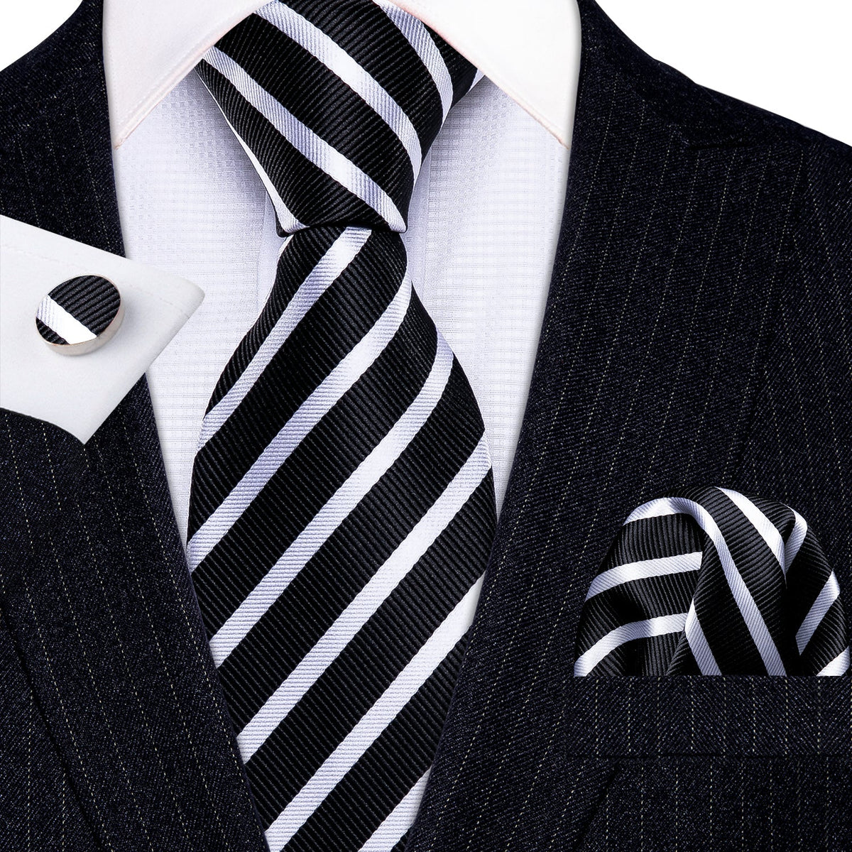 Black Striped Tie Silk White Necktie Necktie Handkerchief Cufflinks Set for Wedding Business