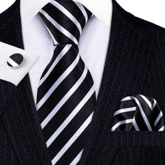 Black Striped Tie Silk White Necktie Necktie Handkerchief Cufflinks Set for Wedding Business