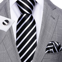 Black Striped Tie Silk White Necktie Necktie Handkerchief Cufflinks Set for Wedding Business