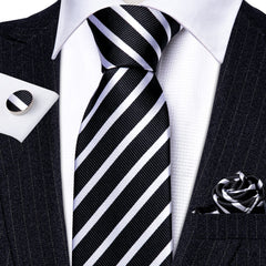 Black Striped Tie Silk White Necktie Necktie Handkerchief Cufflinks Set for Wedding Business