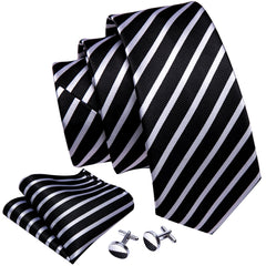 Black Striped Tie Silk White Necktie Necktie Handkerchief Cufflinks Set for Wedding Business