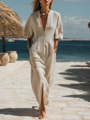 Casual Bohemian Black And Beige Striped Button Midi Dress