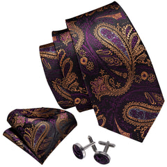 Paisley Necktie Purple Gold Silk Tie Pocket Square Cufflinks Set for Men Wedding