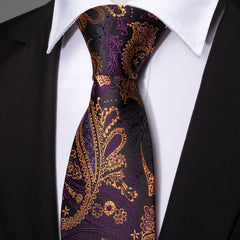 Paisley Necktie Purple Gold Silk Tie Pocket Square Cufflinks Set for Men Wedding