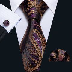 Paisley Necktie Purple Gold Silk Tie Pocket Square Cufflinks Set for Men Wedding