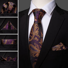 Paisley Necktie Purple Gold Silk Tie Pocket Square Cufflinks Set for Men Wedding