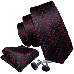 Black Red Geometric Silk Tie Pocket Square Cufflinks Set