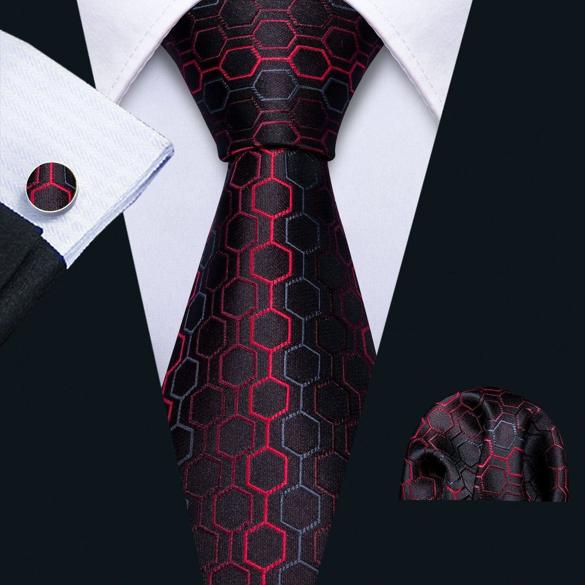 Black Red Geometric Silk Tie Pocket Square Cufflinks Set