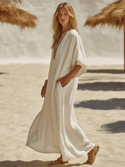 Bohemian Striped White Cotton-linen Midi Dress