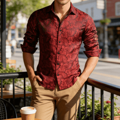 Burgundy Paisley Dress Shirt Silk Long Sleeve Button Down Formal Shirt