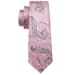 Floral Tie Paisley Silver Pink Silk Necktie Hanky Cufflinks Set for Men Party