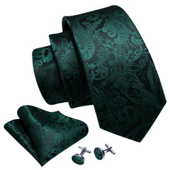 Emerald Green Paisley Tie Silk Wedding Necktie Pocket Square Cufflinks Set
