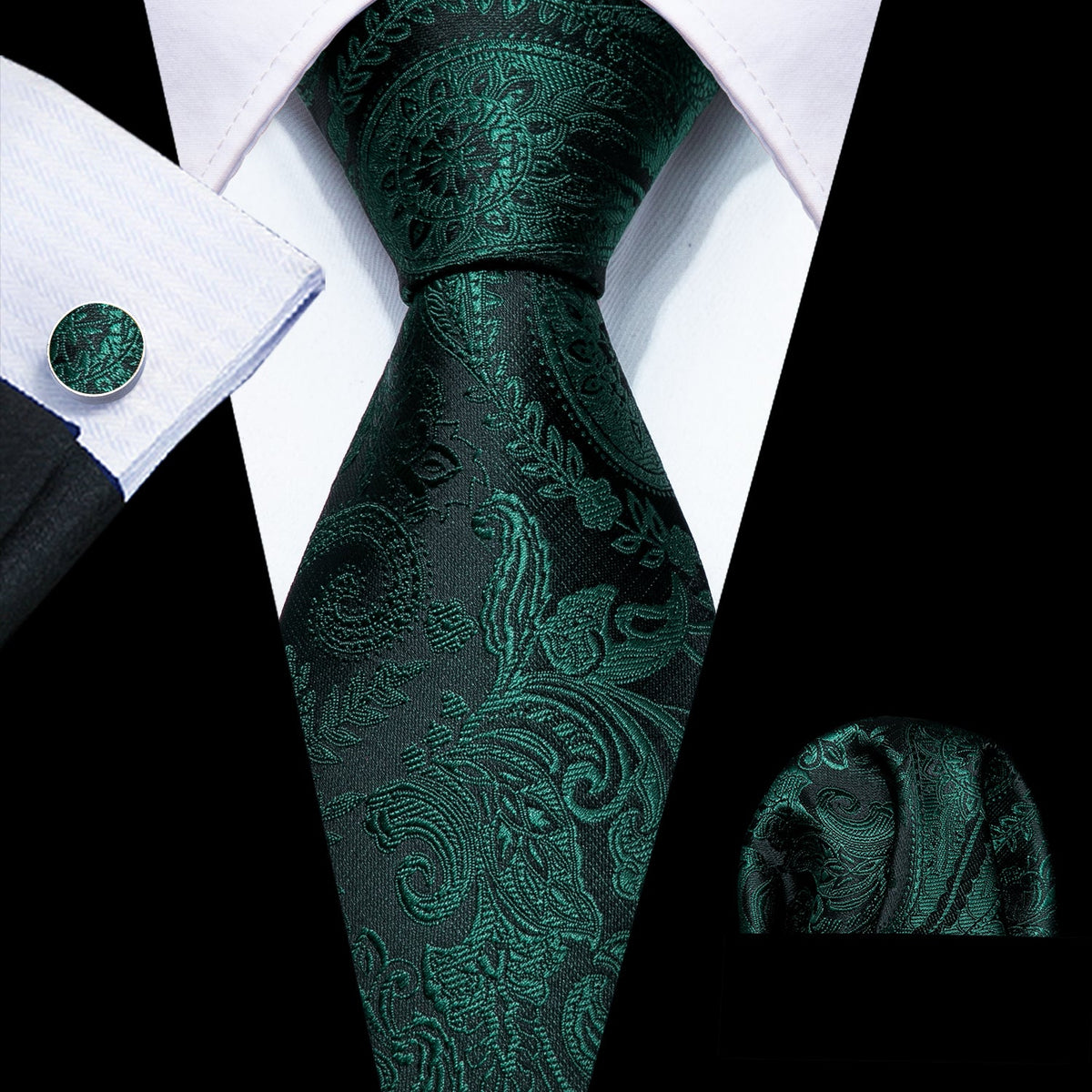 Emerald Green Paisley Tie Silk Wedding Necktie Pocket Square Cufflinks Set