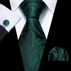 Emerald Green Paisley Tie Silk Wedding Necktie Pocket Square Cufflinks Set
