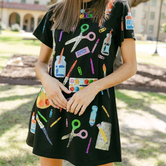 Black Multi School Supplies Tee Dress