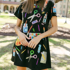 Black Multi School Supplies Tee Dress