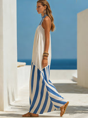 Resort-Style Blue And White Striped Chiffon Halter Neck Sleeveless Maxi Dress