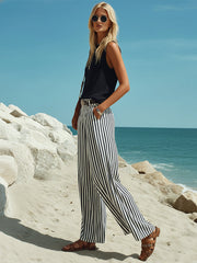 Casual Vacation Black Cotton Linen Sleeveless Vest And Black And White Vertical Striped Wide-Leg Pants Set