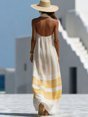 Elegant Chiffon Printed V-Neck Yellow Striped Maxi Dress