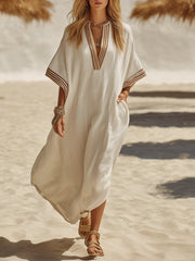 Bohemian Striped White Cotton-linen Midi Dress