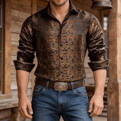 Mens Paisley Dress Shirt Brown 70s Disco Long Sleeve Button Down Shirt