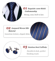 Navy Blue Striped Tie Gold Silk Necktie Pocket Square Cufflinks Set for Men Business