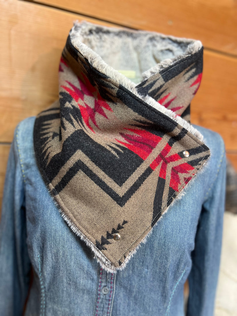 Western Khaki Gray Aztec Sherpa Warm Neck Hood