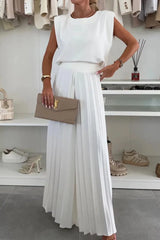 Round Neck Top and Pleated Pants Set
