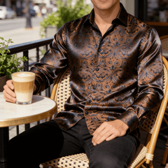 Mens Paisley Dress Shirt Brown 70s Disco Long Sleeve Button Down Shirt