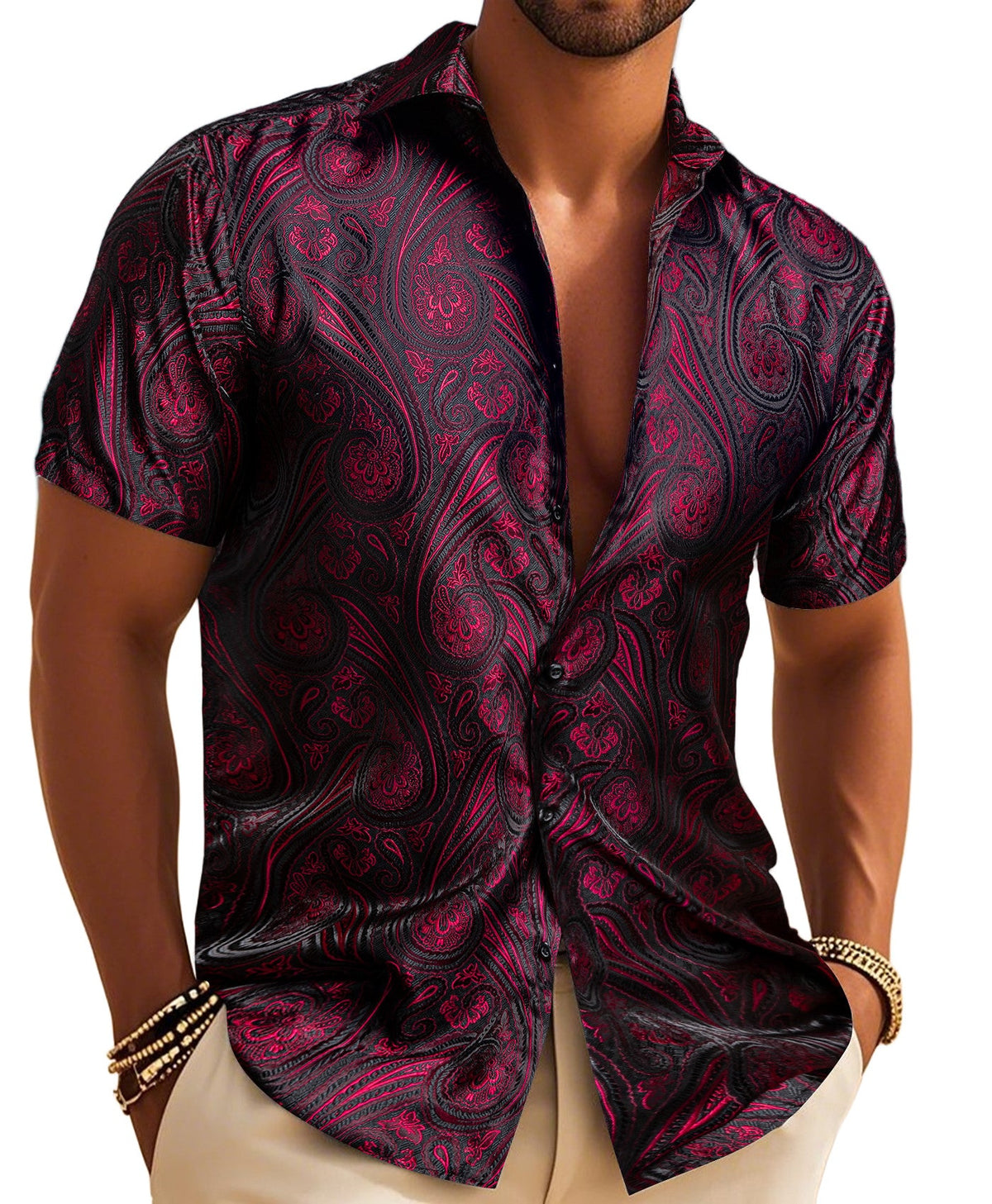 Mens Western Shirt Silk Burgundy Paisley Short Sleeve Button Down Dress Shirt