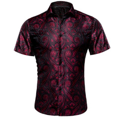 Mens Western Shirt Silk Burgundy Paisley Short Sleeve Button Down Dress Shirt