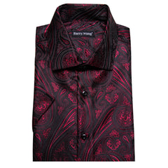 Mens Western Shirt Silk Burgundy Paisley Short Sleeve Button Down Dress Shirt