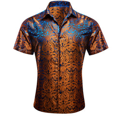 Copper Paisley Button Down Shirt Casual Silk Short Sleeve Dress Shirt
