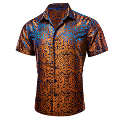 Copper Paisley Button Down Shirt Casual Silk Short Sleeve Dress Shirt