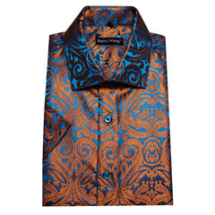 Copper Paisley Button Down Shirt Casual Silk Short Sleeve Dress Shirt