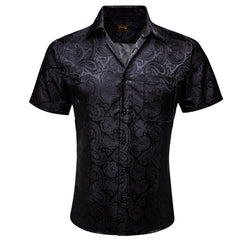 Black Paisley Jacquard Short Sleeve Button Up Shirt for Men