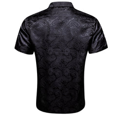 Black Paisley Jacquard Short Sleeve Button Up Shirt for Men