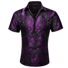 Purple Black Floral Jacquard Short Sleeve Button Up Shirt for Men