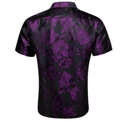 Purple Black Floral Jacquard Short Sleeve Button Up Shirt for Men