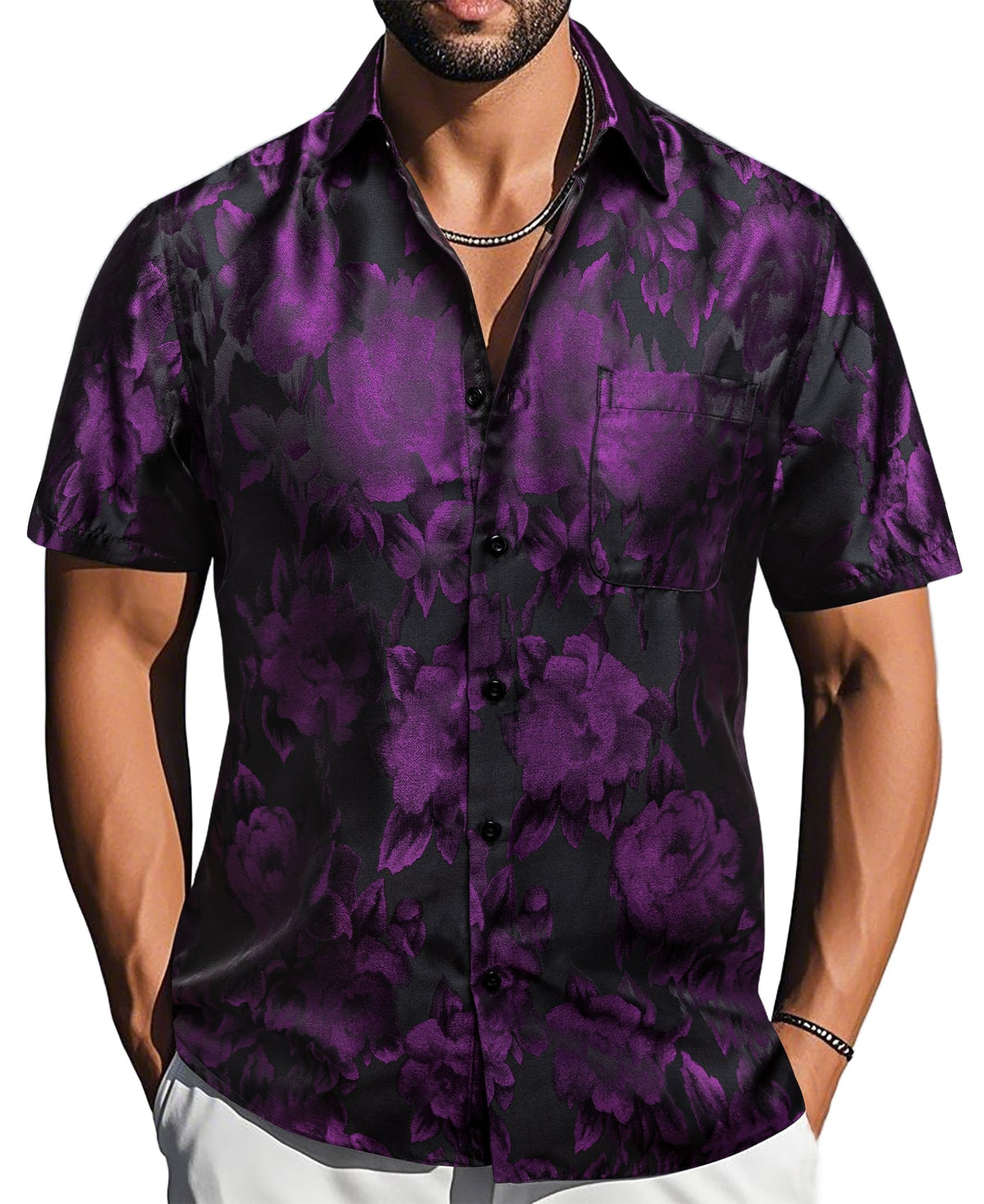 Purple Black Floral Jacquard Short Sleeve Button Up Shirt for Men