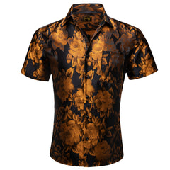 Gold Black Floral Jacquard Short Sleeve Button Up Shirt for Men